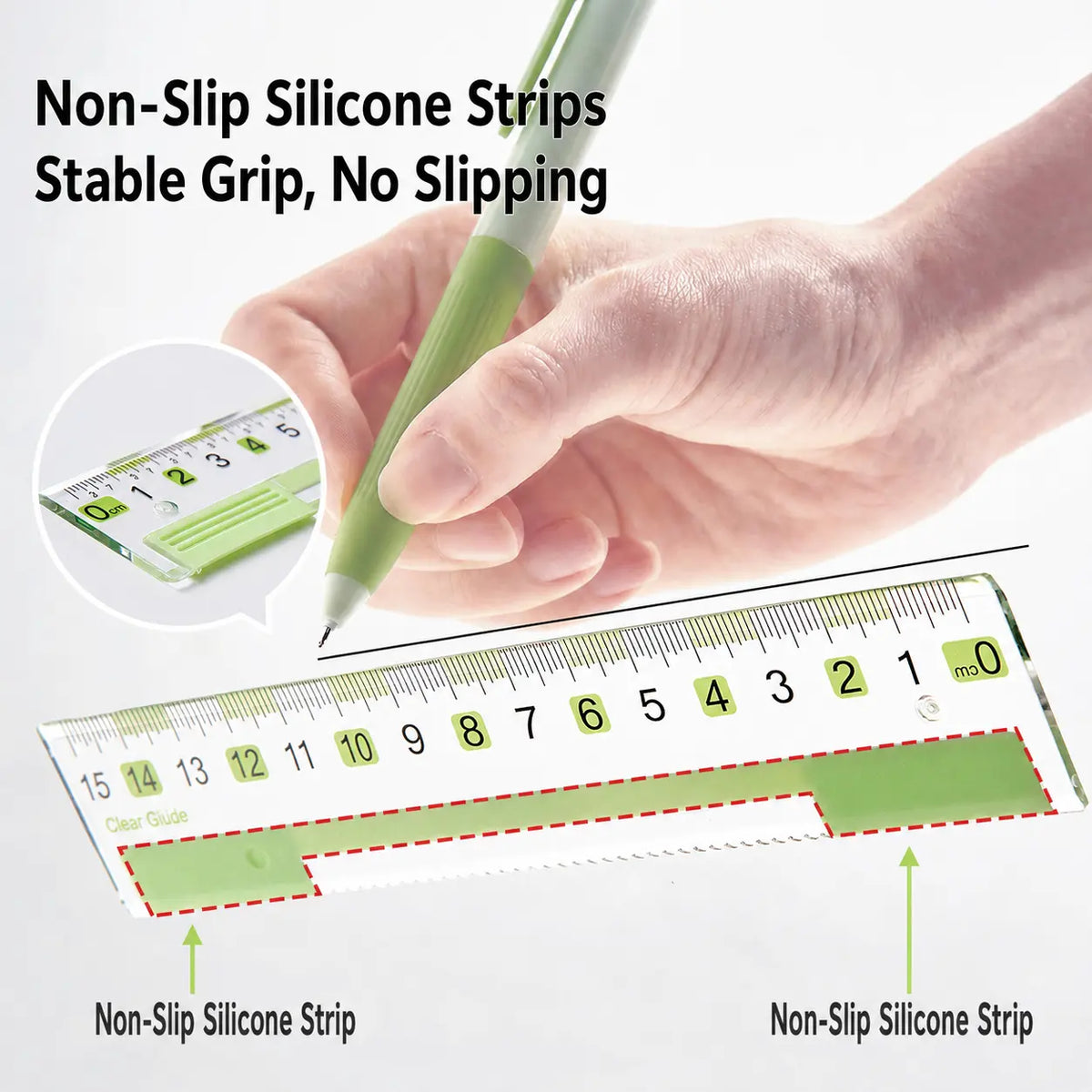 EpenGo Honeycomb Anti-Slip Geometry Ruler Set – 4-Piece Student Math Measuring Kit with Eye-Friendly Green Markings, Includes 15cm Straight Ruler, Protractor & Triangle Rulers