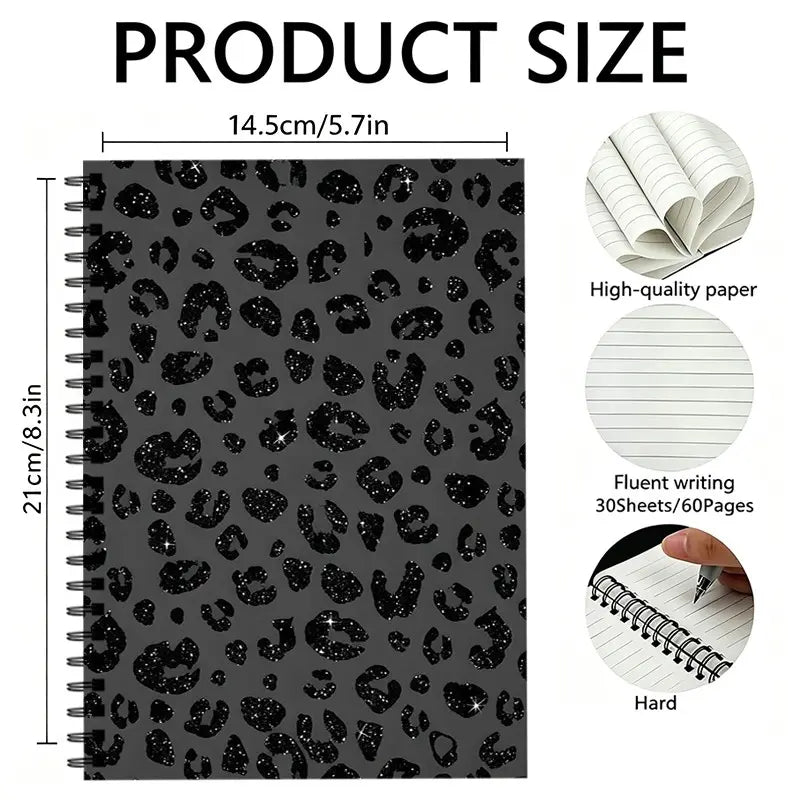Gold Leopard Print Spiral Notebook, Dual Spiral Binding, 60 Pages Lined Blank, Ideal for Daily Inspiration, Planning, Study Notes, Spiral Bound Notebook