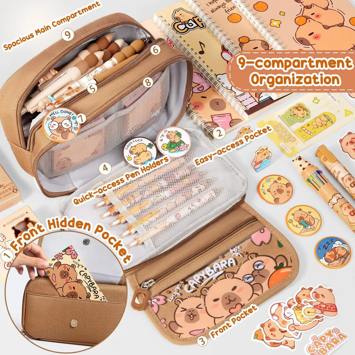 36PCS Lightweight Adorable Capybara Stationery Set - Kawaii College School Supplies, Back to School Stuff with Pencil Case, Gel Pens, Mechanical Pencils, Stickers, Pins, Notebooks, Sticky Notes - Office Accessories, Teen Girl Gifts,back to school shopping