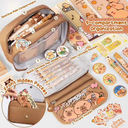 36PCS Lightweight Adorable Capybara Stationery Set - Kawaii College School Supplies, Back to School Stuff with Pencil Case, Gel Pens, Mechanical Pencils, Stickers, Pins, Notebooks, Sticky Notes - Office Accessories, Teen Girl Gifts,back to school shopping