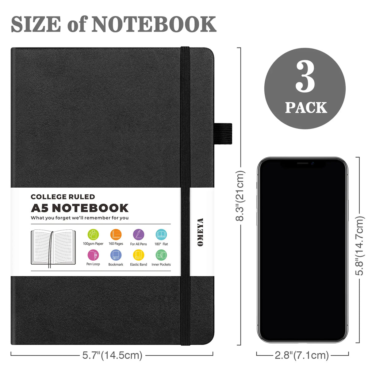 OMEYA 3-Pack A5 College Ruled Hardcover PU Leather Journal Notebook, Minimalist Design with Elastic Band, Pen Loop, Inner Pockets, 100GSM Thick No-Bleed Paper for Office School Use
