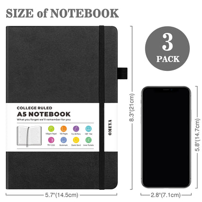 OMEYA 3-Pack A5 College Ruled Hardcover PU Leather Journal Notebook, Minimalist Design with Elastic Band, Pen Loop, Inner Pockets, 100GSM Thick No-Bleed Paper for Office School Use