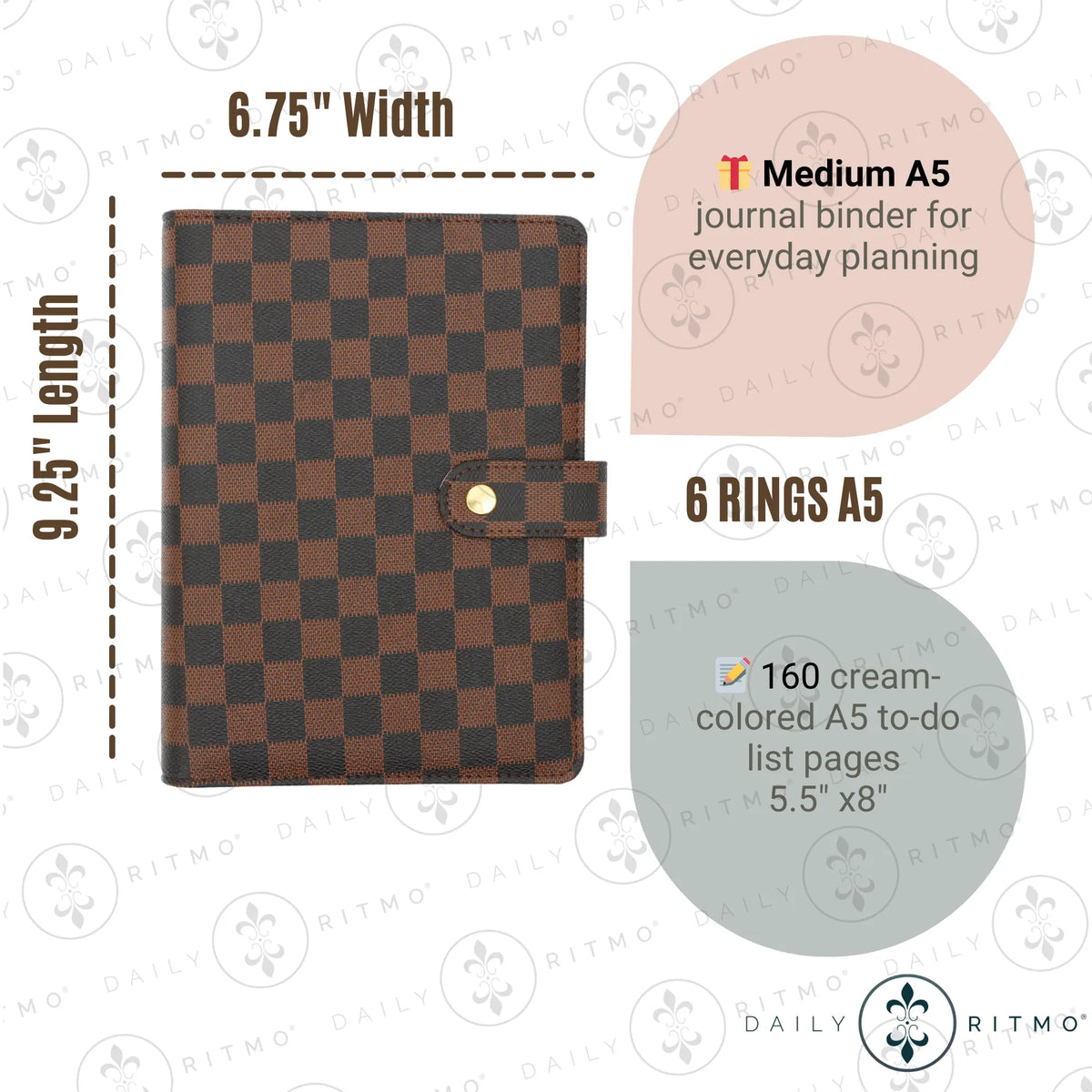DAILY RITMO A5 Checkered PU Leather 6-Ring Binder Notebook - 160-Page To-Do List Planner, Work Notebook, Daily To Do List Notepad, Office Stationery, Desk & Work & Office Accessories