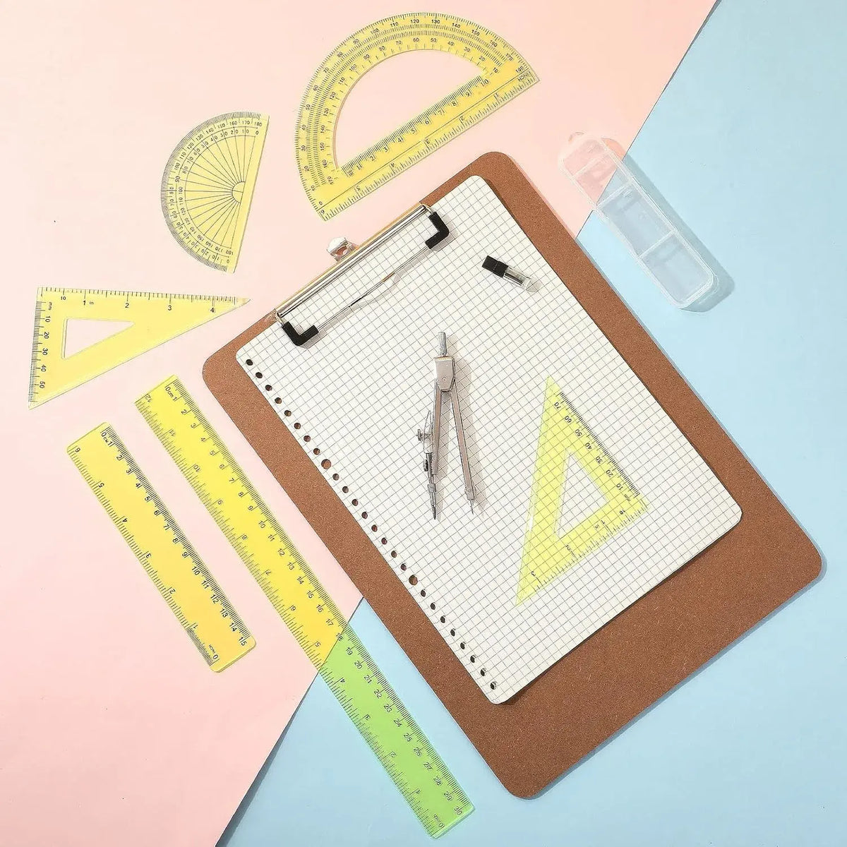 Transparent Yellow Plastic Geometry Math Set for Office Supplies, Artists & Designers – Drawing Compass, 12in/6in Rulers, 6in/4in Protractors, 45°/60° Triangle Rulers, Hollow Design for Enhanced Visibility, 1 Set