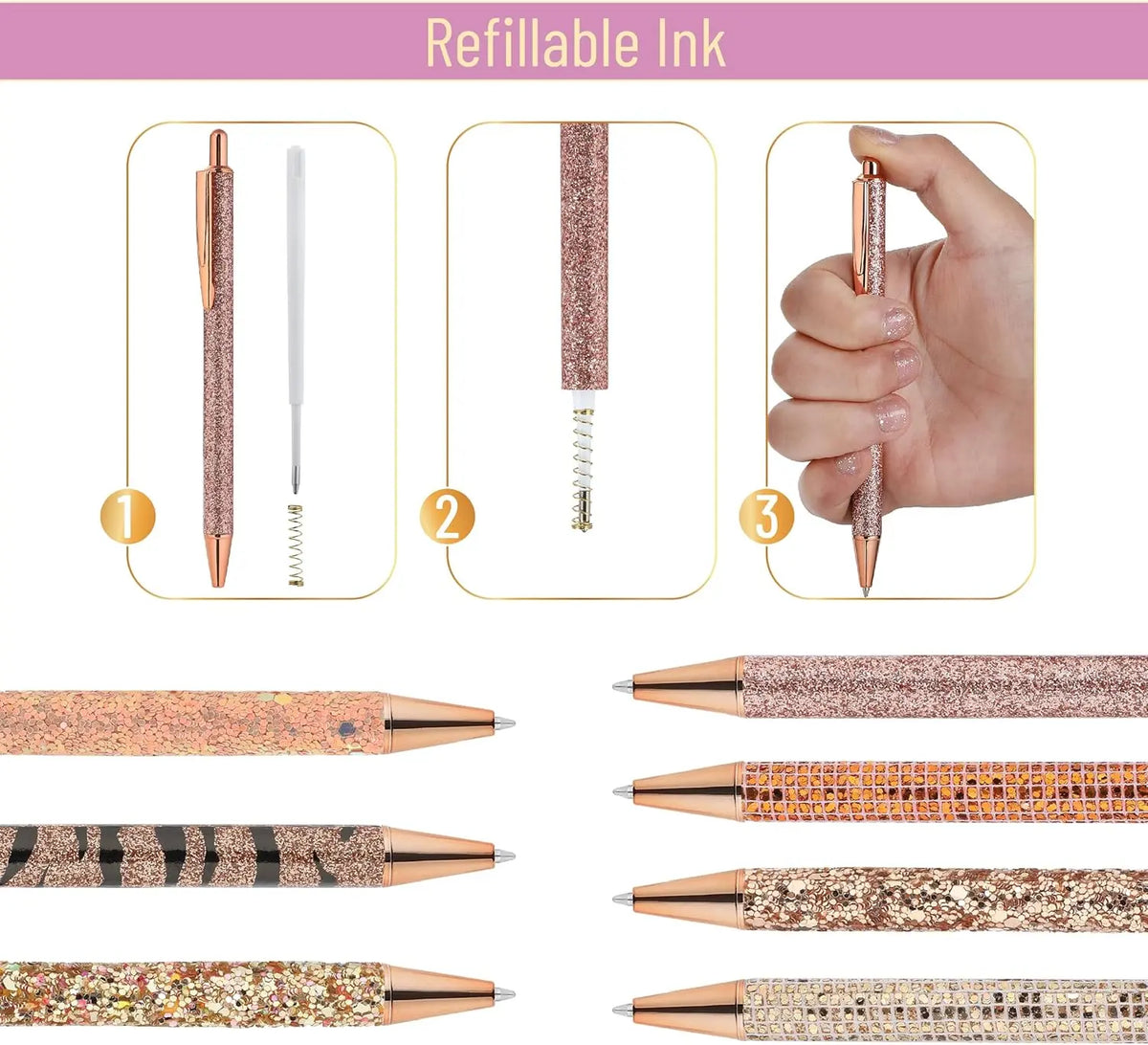 Mr. Pen Women's Rose Gold Reverie Cute Style Pens & Refills - 7 Retractable 1.0mm Gel Ink Ballpoint Writing Tools, 10 Extra Refills for Journaling (Office Stationery), Retractable Tip