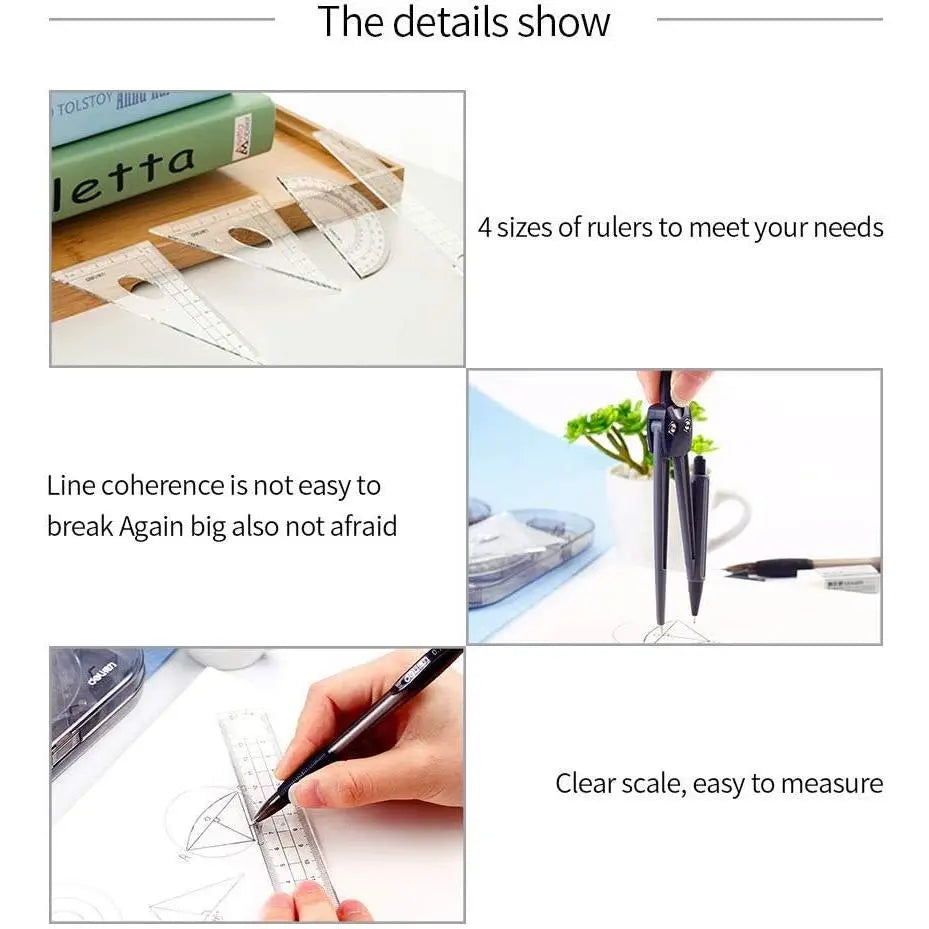 Math Geometry Kit Set 8 count Student Supplies with Shatterproof Storage Box,Includes Rulers,Protractor,Compass,Pencil Lead Refills,Pencil,Eraser.for Students and Engineering Drawings