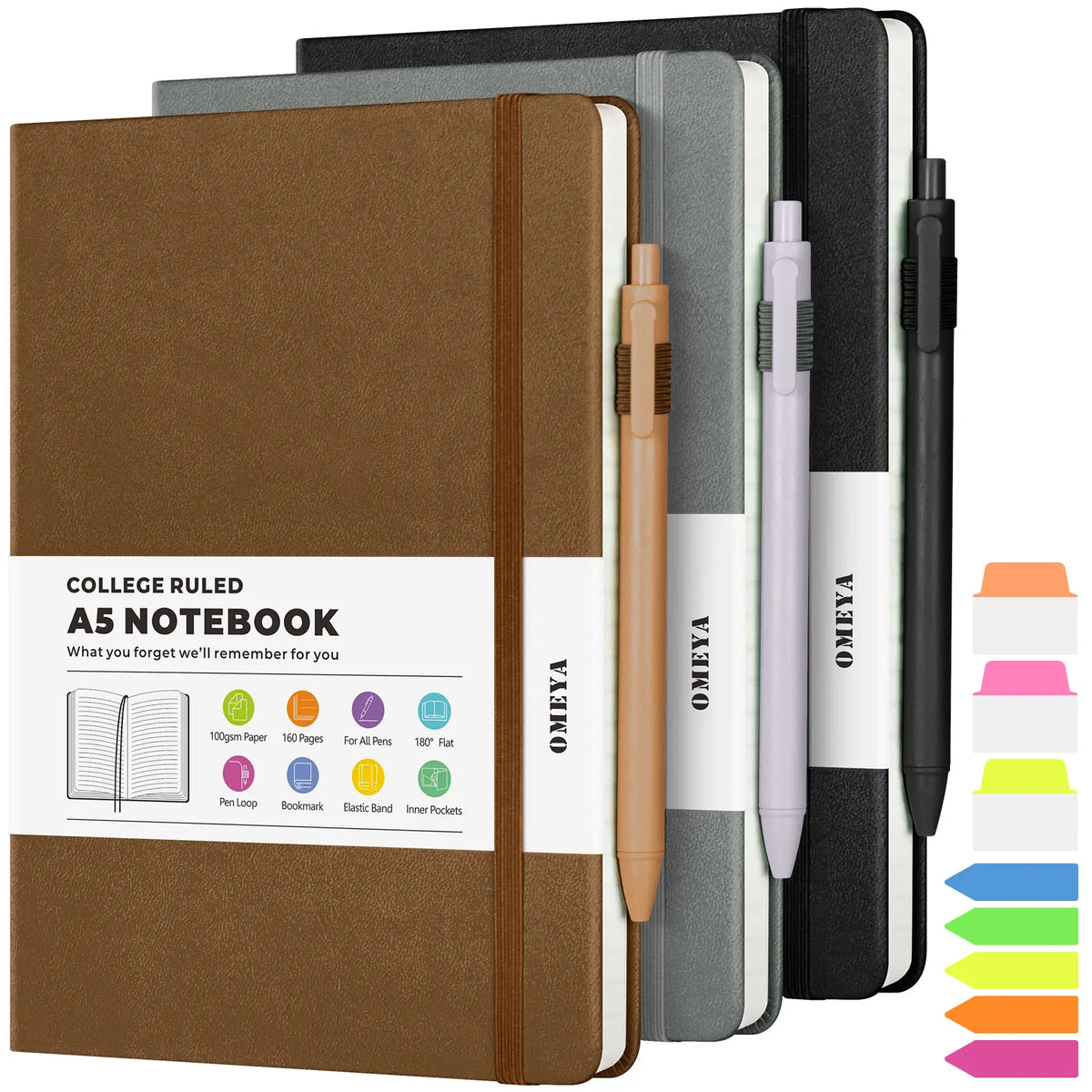 OMEYA 3-Pack A5 College Ruled Hardcover PU Leather Journal Notebook, Minimalist Design with Elastic Band, Pen Loop, Inner Pockets, 100GSM Thick No-Bleed Paper for Office School Use