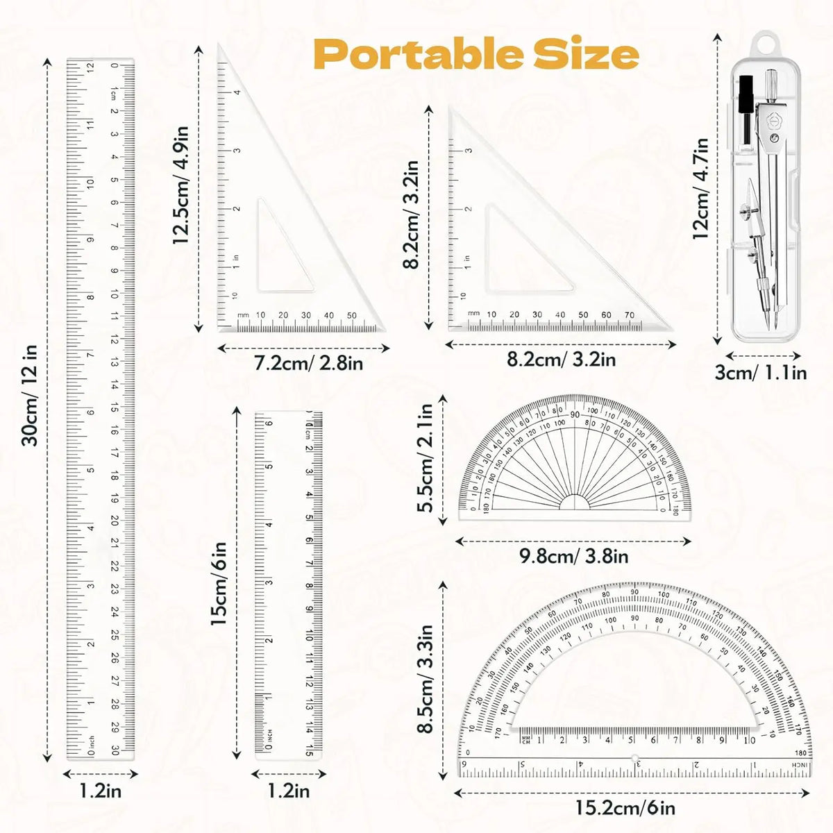7 count Geometry Set-Clear Plastic Rulers,Triangle Ruler,Protractor,Compass | 12Inch & 6Inch Ruler Set for School Office Math Drawing Drafting Engineering Architecture Art
