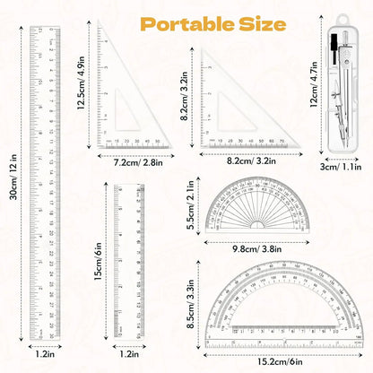 7 count Geometry Set-Clear Plastic Rulers,Triangle Ruler,Protractor,Compass | 12Inch & 6Inch Ruler Set for School Office Math Drawing Drafting Engineering Architecture Art