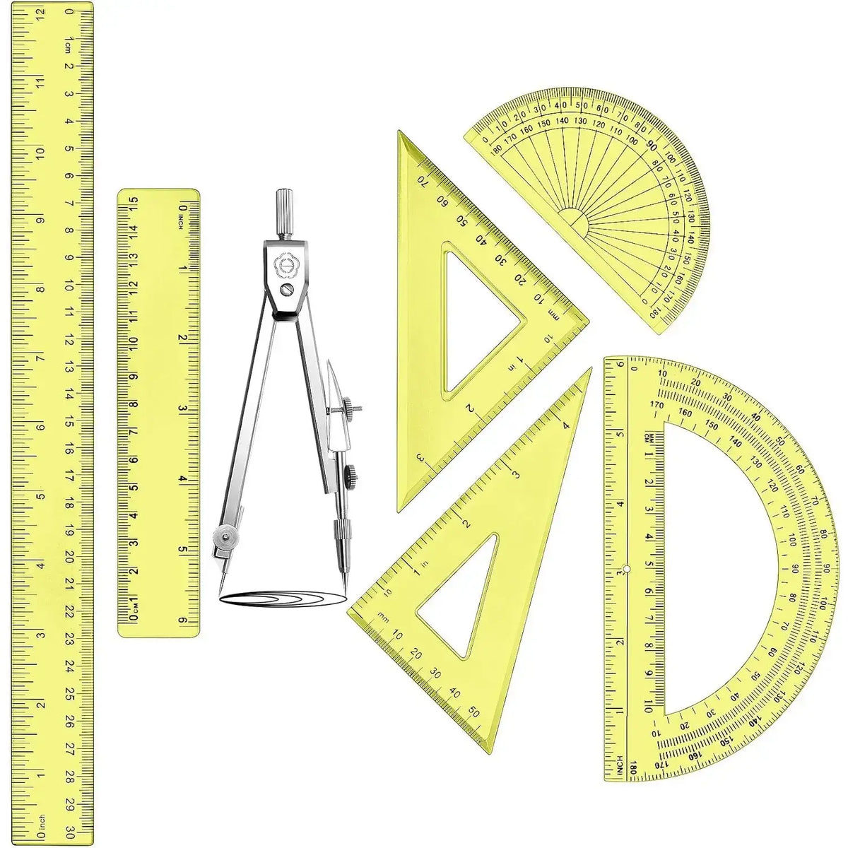 Transparent Yellow Plastic Geometry Math Set for Office Supplies, Artists & Designers – Drawing Compass, 12in/6in Rulers, 6in/4in Protractors, 45°/60° Triangle Rulers, Hollow Design for Enhanced Visibility, 1 Set