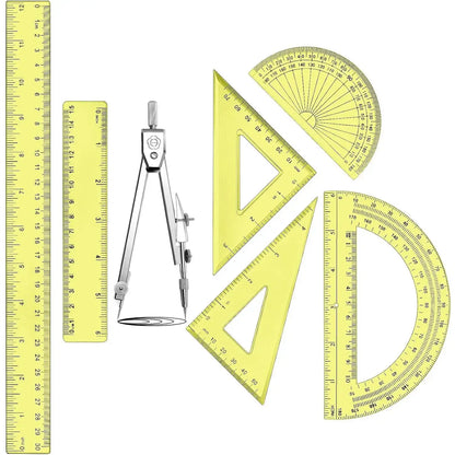 Transparent Yellow Plastic Geometry Math Set for Office Supplies, Artists & Designers – Drawing Compass, 12in/6in Rulers, 6in/4in Protractors, 45°/60° Triangle Rulers, Hollow Design for Enhanced Visibility, 1 Set