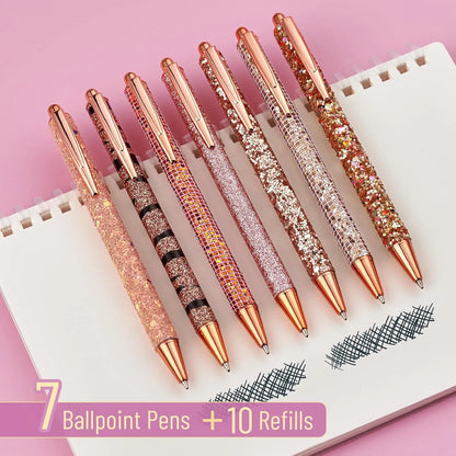 Mr. Pen Women's Rose Gold Reverie Cute Style Pens & Refills - 7 Retractable 1.0mm Gel Ink Ballpoint Writing Tools, 10 Extra Refills for Journaling (Office Stationery), Retractable Tip
