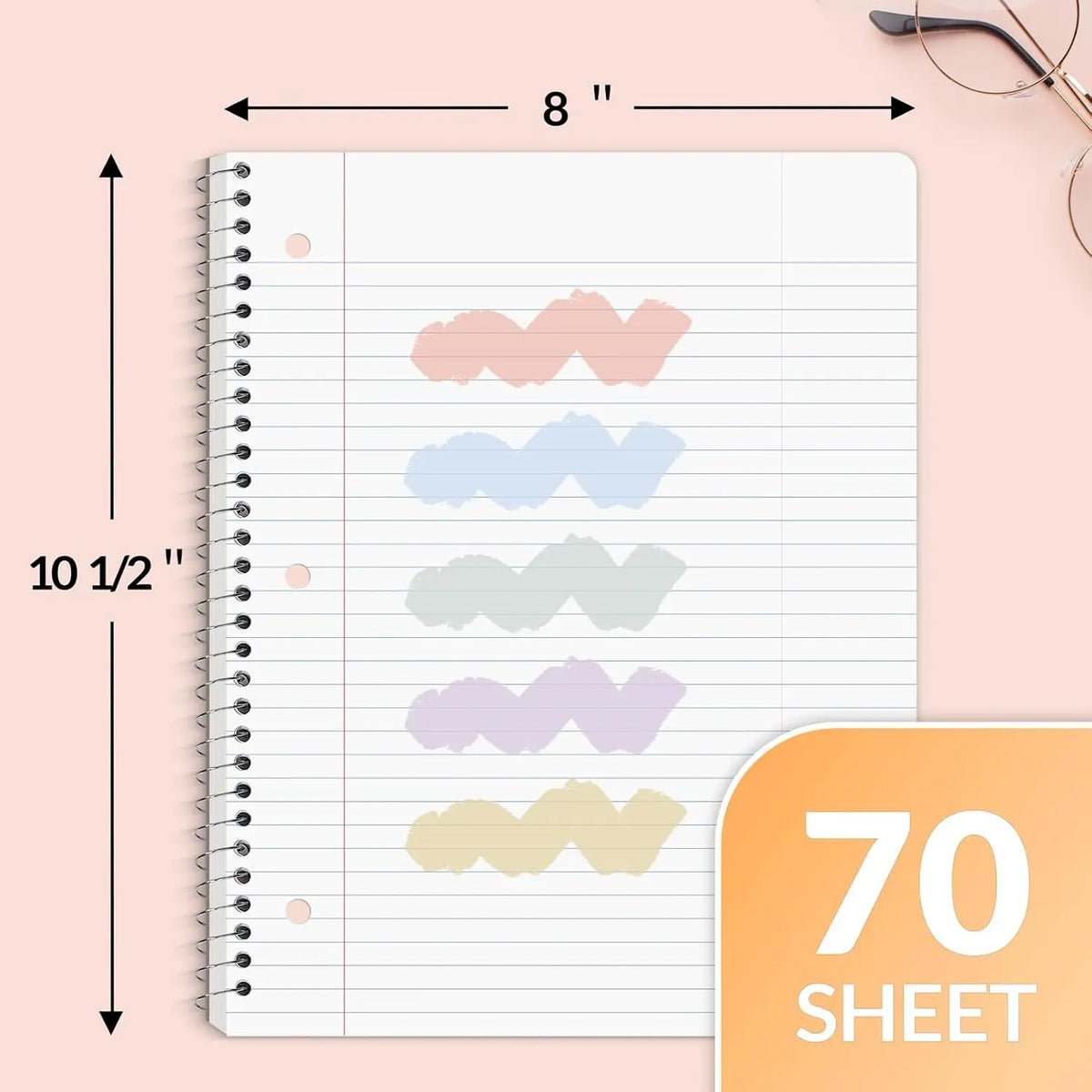 5 Pack Spiral Notebooks, 1-Subject, College Ruled Paper, 8" x 10-1/2", 70 Sheets per Notebook,3-Hole Punched Paper, Pink,Purple, Blue, Green, Yellow Spiral Lined Notebooks for School,Work