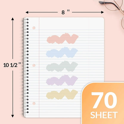 5 Pack Spiral Notebooks, 1-Subject, College Ruled Paper, 8" x 10-1/2", 70 Sheets per Notebook,3-Hole Punched Paper, Pink,Purple, Blue, Green, Yellow Spiral Lined Notebooks for School,Work
