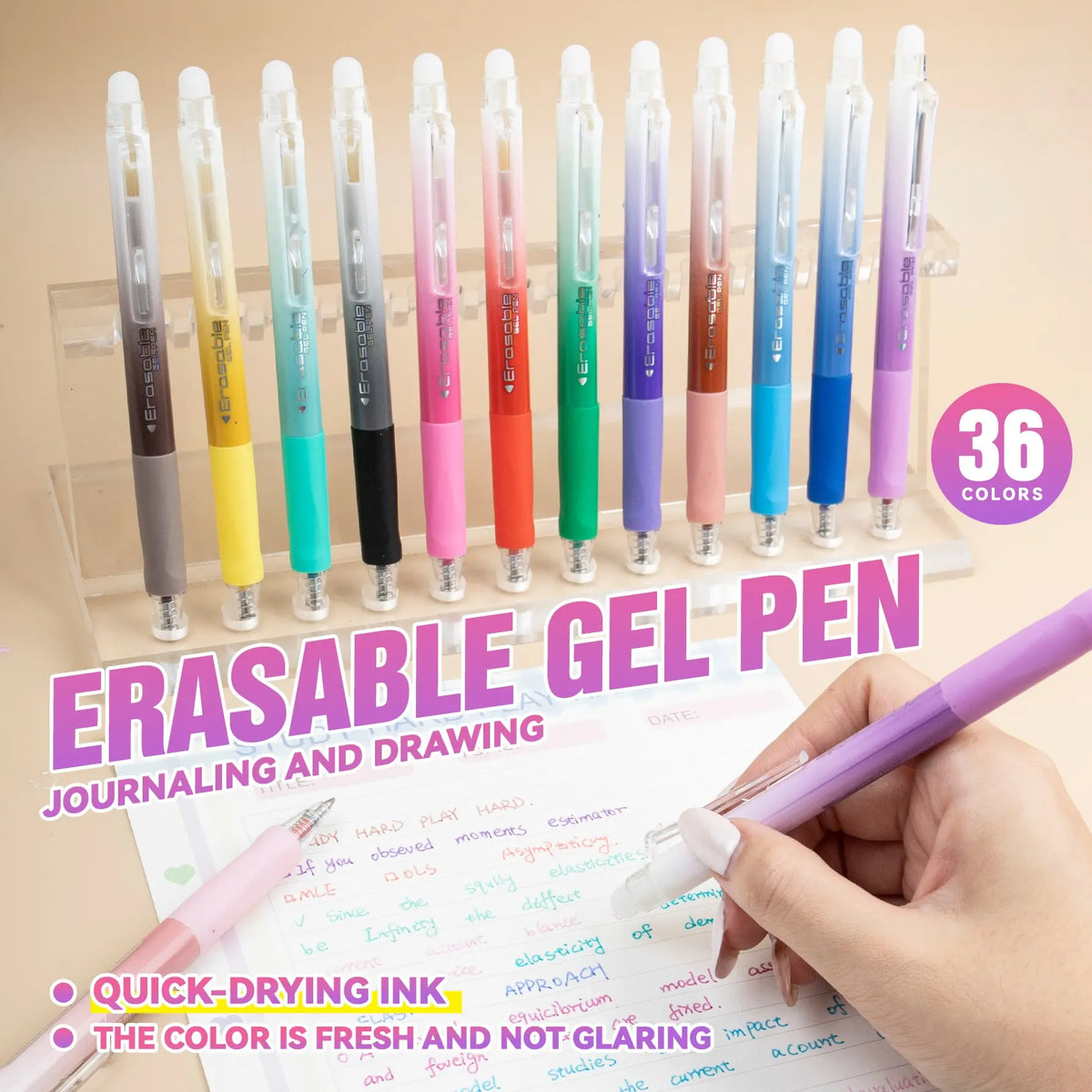 36 Color Erasable Gel Pens Set, Click Ballpoint Pens for Drawing, 0.7mm Fine Point, Perfect Back to School Supplies for Kids and Students, Quick Dry Pens