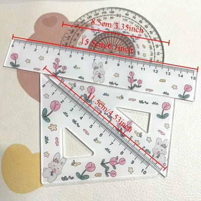 4/8pcs Cute Rabbit Tulip Pattern Ruler Set, 1 Set Ruler, Testing Drawing 4pcs Set Ruler, Ruler And Triangle, Cute Rabbit Tulip Ruler Stationery