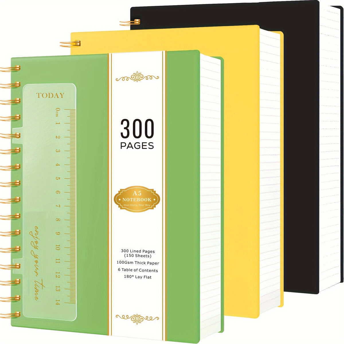 3 Pack Spiral Notebook Journal, A5 Hardcover Notebook with 300 Pages Paper, College Ruled Notebook with Ruler, PVC Cover Notepad for Women, 100GSM Thick Paper, 5.7" X 8.4", School Supplies