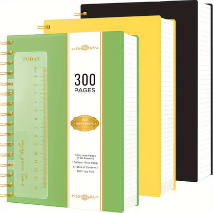 3 Pack Spiral Notebook Journal, A5 Hardcover Notebook with 300 Pages Paper, College Ruled Notebook with Ruler, PVC Cover Notepad for Women, 100GSM Thick Paper, 5.7" X 8.4", School Supplies