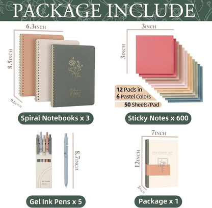 Cute Spiral Notebook Set For Women, Bible Journal Set, 3 Pack A5 Spiral Notebook + 5 PCS Gel Pens + 600 Sticky Notes + Gift Box, Aesthetic Gift Set for Work Students School Office Supplies,back to school,back to school haul