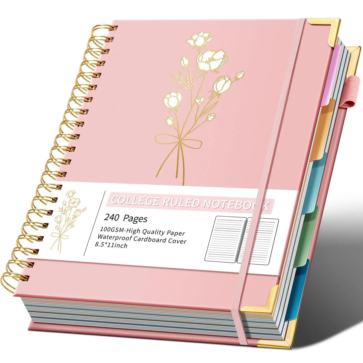 Hardcover Spiral Note Taking 5 Subject Notebook College Ruled with Dividers 240 Pages 100GSM Aesthetic Spiral Notebook for Work School Cute Journals for Women Writing