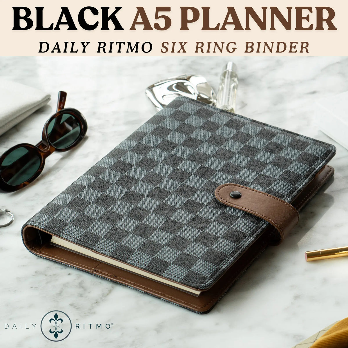 DAILY RITMO A5 Checkered PU Leather 6-Ring Binder Notebook - 160-Page To-Do List Planner, Work Notebook, Daily To Do List Notepad, Office Stationery, Desk & Work & Office Accessories