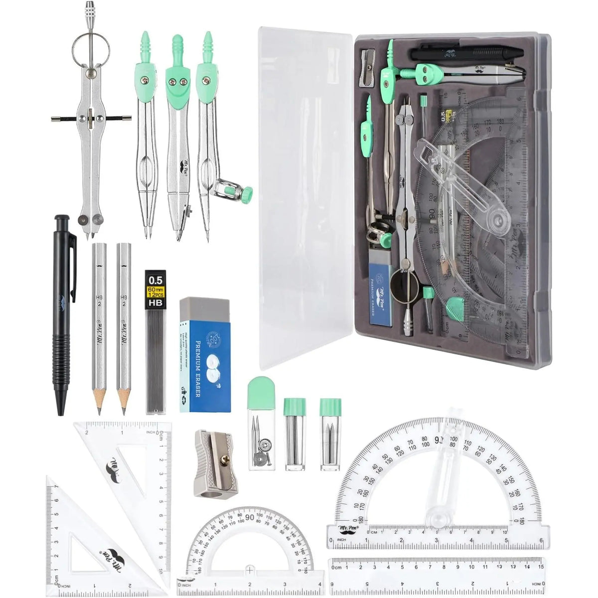 - Geometry Set, 15 count Set with 6 Inch Swing Arm Protractor | IncludesMetal Divider, Set Squares, Ruler, Compasses for Math for Drafting & School Supplies