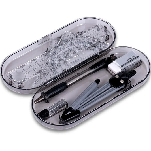 8-Piece Plastic Math Geometry Drawing Tools Kit, Student Office Stationery with Shatterproof Storage Box, Pouch, Rulers, Protractor, Compass, Pencil, Eraser for Engineering Drawings, Students