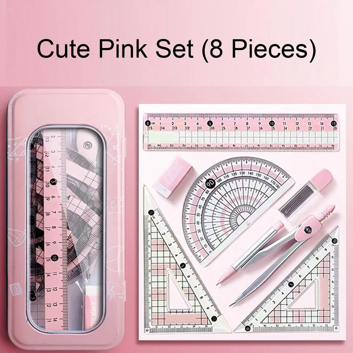 8 Pcs Pink Geometry Set Cute Compass Set with Maths Protractor Rulers, Math Set for Drawing Measuring Tools, Kawaii Ruler Kit for Class Women Girls School Supplies (Pink)
