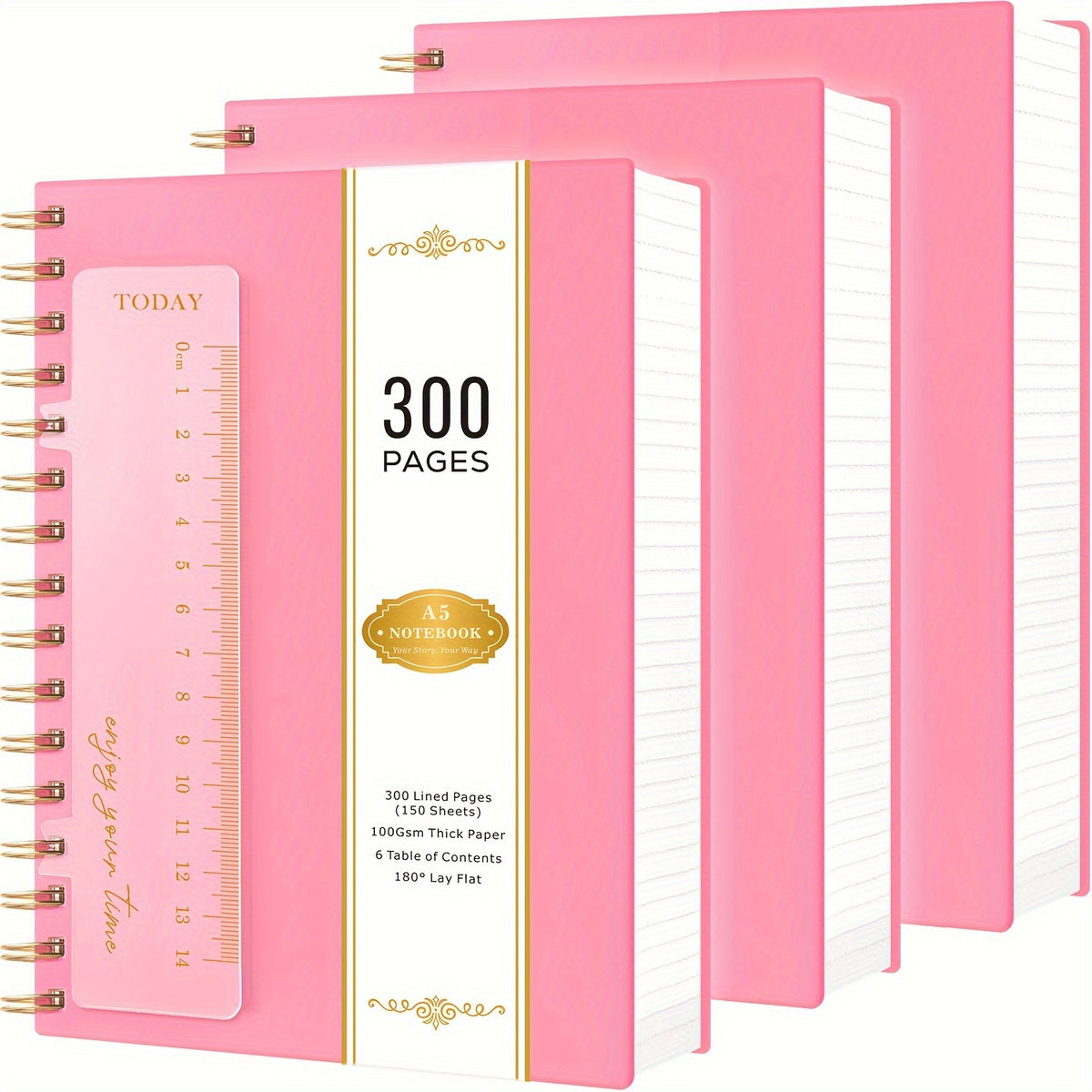 3 Pack Spiral Notebook Journal, A5 Hardcover Notebook with 300 Pages Paper, College Ruled Notebook with Ruler, PVC Cover Notepad for Women, 100GSM Thick Paper, 5.7" X 8.4", School Supplies