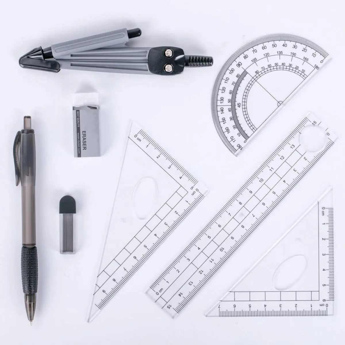 8-Piece Plastic Math Geometry Drawing Tools Kit, Student Office Stationery with Shatterproof Storage Box, Pouch, Rulers, Protractor, Compass, Pencil, Eraser for Engineering Drawings, Students