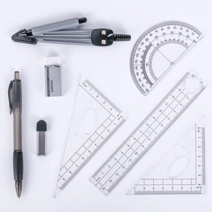 8-Piece Plastic Math Geometry Drawing Tools Kit, Student Office Stationery with Shatterproof Storage Box, Pouch, Rulers, Protractor, Compass, Pencil, Eraser for Engineering Drawings, Students