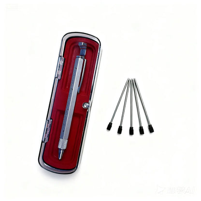 Silvery Portable and Compact 6-in-1 Multi-Tool Metal Ballpen Set - with Screwdriver, Ruler, Bottle Opener, Stylus, Phone Stand, 5 Refills, Smooth Handling - Office Stationery Accessory for Repairs, Assembly