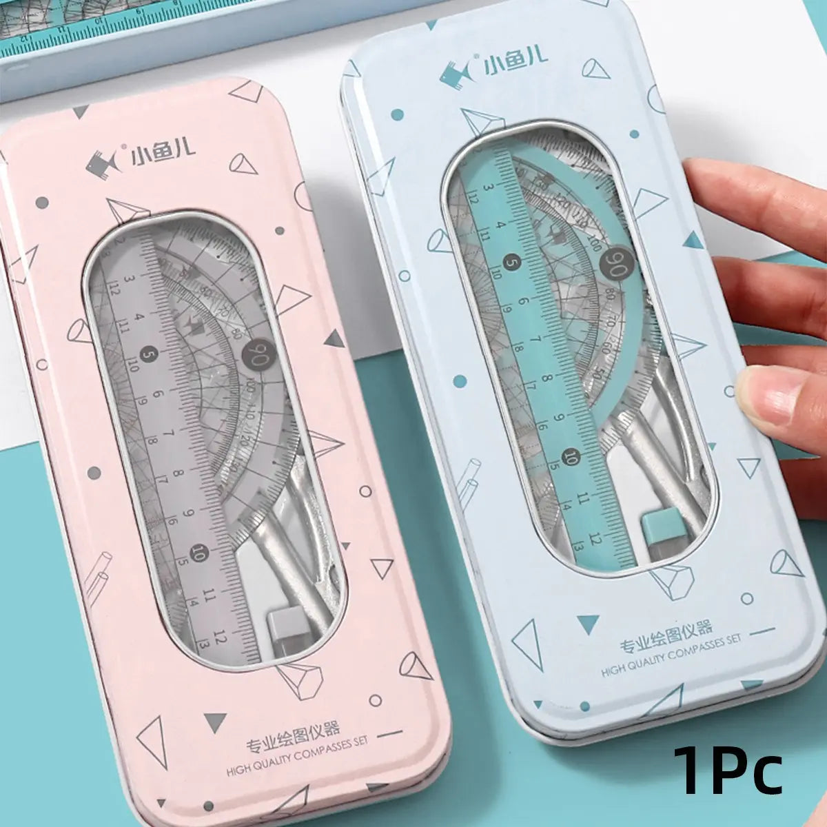 1Pc/2Pcs Geometry Tool Set with Metal Case, 7-Piece Drafting Kit Including Compass, Protractor, Straight Ruler, Triangle Rulers, Eraser and Lead Refills, Accurate Portable Measuring Tool, Measuring Instrument for Drawing, Design, Math and Office Use