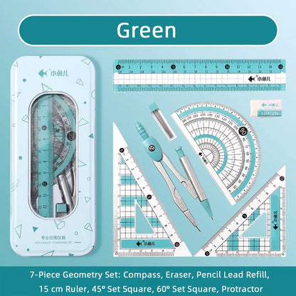 1Pc/2Pcs Geometry Tool Set with Metal Case, 7-Piece Drafting Kit Including Compass, Protractor, Straight Ruler, Triangle Rulers, Eraser and Lead Refills, Accurate Portable Measuring Tool, Measuring Instrument for Drawing, Design, Math and Office Use