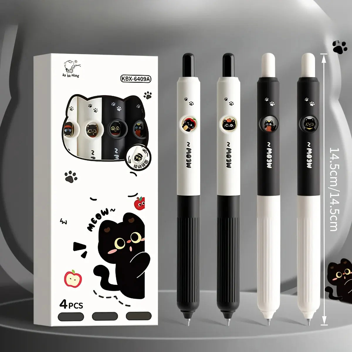 4pcs Kawaii Cat Rotate Gel Pens with Meow & Paw Print Design, 0.5mm Fine Point Quick-Dry Black Ink-Smooth Writing Retractable Pens Cute, Ergonomic Grip - for Students &School, Office, Diary, Journaling - Birthday/Christmas Gift, Stationery Writing Tools
