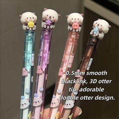 2-Pack Cute Sea Otter Snap Gel Pens, Styles A&B, Healing Ocean Theme, 0.5mm Black Smooth Ink, Three-Dimensional Sea Otter Pen Tip, Double Cute Sea Otter Design, Student Classroom Note-Taking and Homework Writing Stationery
