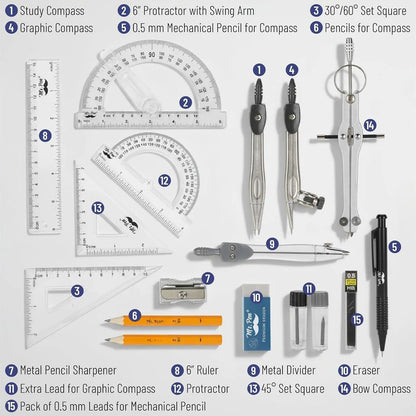 - Geometry Set, 15 count Set with 6 Inch Swing Arm Protractor | IncludesMetal Divider, Set Squares, Ruler, Compasses for Math for Drafting & School Supplies