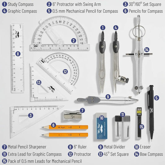 - Geometry Set, 15 count Set with 6 Inch Swing Arm Protractor | IncludesMetal Divider, Set Squares, Ruler, Compasses for Math for Drafting & School Supplies