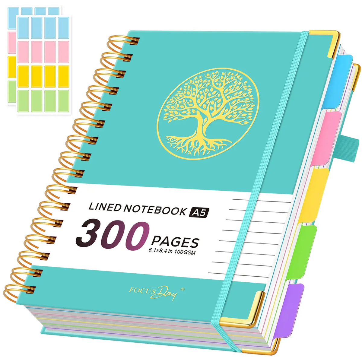 Hardcover Spiral-Bound 5-Subject College Ruled A5 Notebook (6.1in X 8.4in) - 300 Pages Lined Paper, Removable Dividers Tabs, 2 Stickers, Student Stationary College Supplies Aesthetic Notebooks for Back to Class Note Taking,sohochic