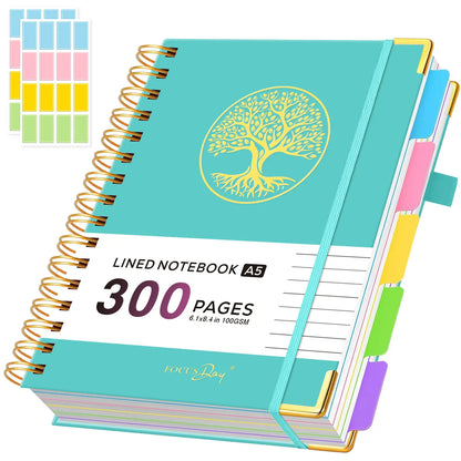 Hardcover Spiral-Bound 5-Subject College Ruled A5 Notebook (6.1in X 8.4in) - 300 Pages Lined Paper, Removable Dividers Tabs, 2 Stickers, Student Stationary College Supplies Aesthetic Notebooks for Back to Class Note Taking,sohochic