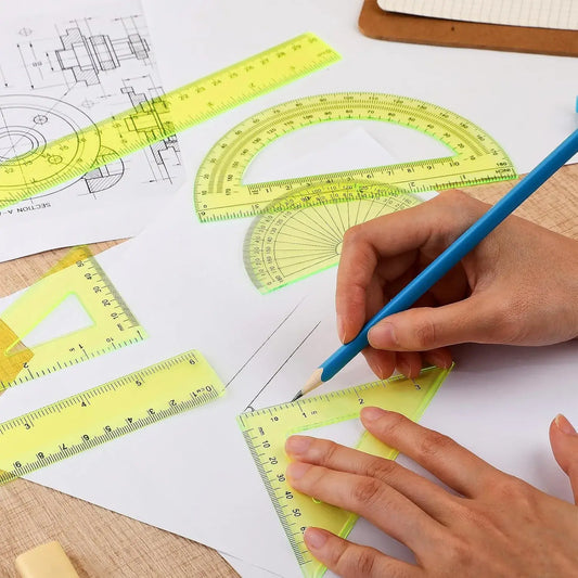 Transparent Yellow Plastic Geometry Math Set for Office Supplies, Artists & Designers – Drawing Compass, 12in/6in Rulers, 6in/4in Protractors, 45°/60° Triangle Rulers, Hollow Design for Enhanced Visibility, 1 Set