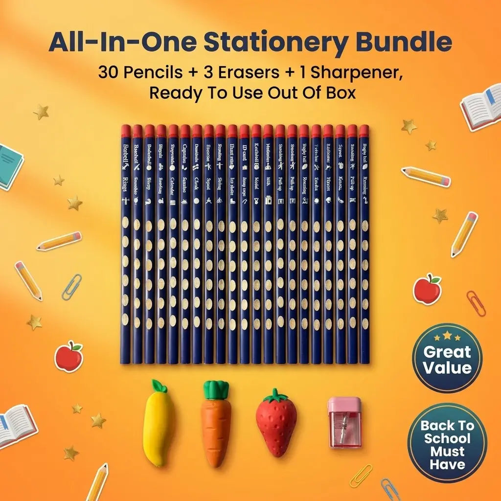 Fruit-Themed Grip Pencil Set, 30 Laser-Etched Writing Tools, 3 Random Erasers, 1 Random Pencil Sharpener for Motivation (Office Stationery)