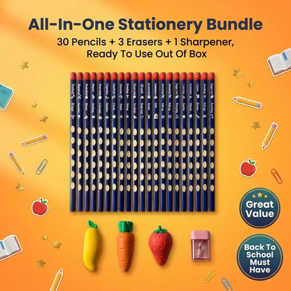 Fruit-Themed Grip Pencil Set, 30 Laser-Etched Writing Tools, 3 Random Erasers, 1 Random Pencil Sharpener for Motivation (Office Stationery)