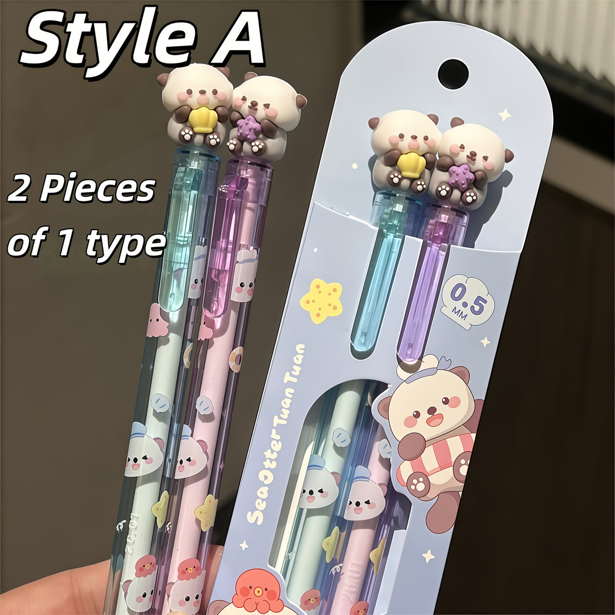 2-Pack Cute Sea Otter Snap Gel Pens, Styles A&B, Healing Ocean Theme, 0.5mm Black Smooth Ink, Three-Dimensional Sea Otter Pen Tip, Double Cute Sea Otter Design, Student Classroom Note-Taking and Homework Writing Stationery