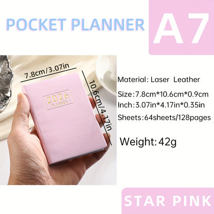 A7 Specification 2026 English Planner, Slim Weekly Planner, Starlight Color Mini Pocket Notebook, Daily Planner with Colorful Laser Cover, A7 Size: 3.07in X 4.17in