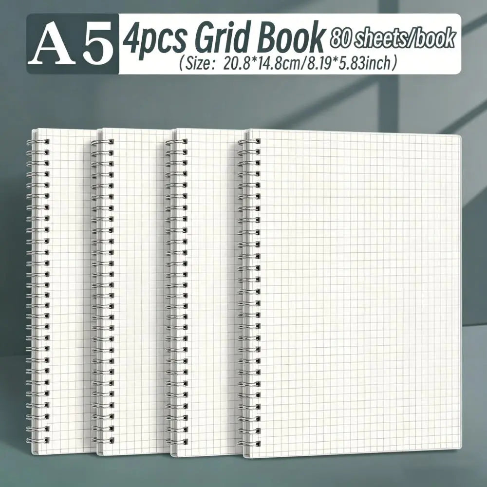 4pcs A5 Grid/horizontal Flip Up Spiral Notebooks, Daily Work And Study Supplies, Text Notebooks, Financial Accounting Books - Waterproof Cover, Suitable For Students And Office Workers To Use