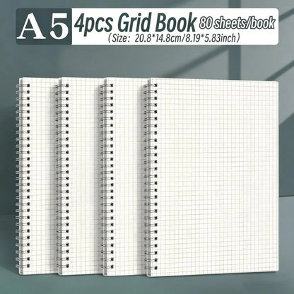 4pcs A5 Grid/horizontal Flip Up Spiral Notebooks, Daily Work And Study Supplies, Text Notebooks, Financial Accounting Books - Waterproof Cover, Suitable For Students And Office Workers To Use
