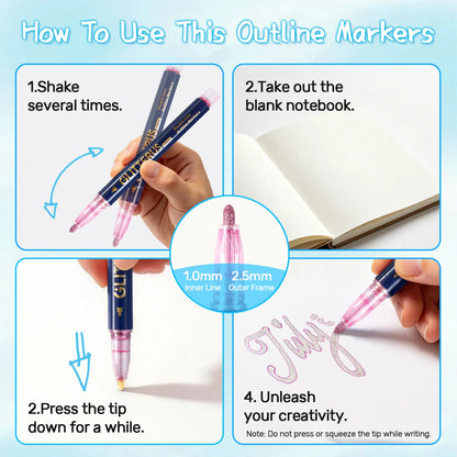 Glitterus Glitter Outline Shimmer Markers & Metallic Gel Pens - Fine Rollerball Tip, Cute Floral Patterns, Shimmering Bright Bold Office Art Supplies, Easy to Use, Back to School Shopping, TikTok Shop Back to School, Teenage Girls Sohochic Gifts