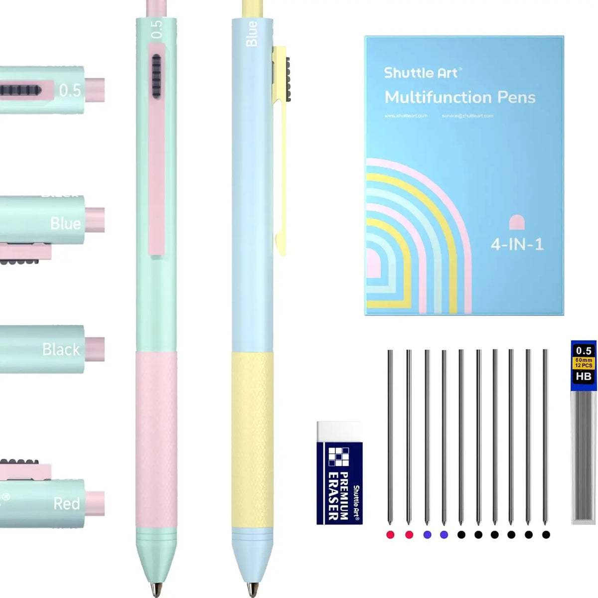 Shuttle Art 4 in 1 Gravity-Activated Multicolor Pen, 2 Pack Retractable Ballpoint Pens with 1.0mm Black Blue Red Ink and 0.5mm Mechanical Pencil, Multifunction Pens Fresh Style Gift Set for Writing School Office Home,back to school,back to school shopping