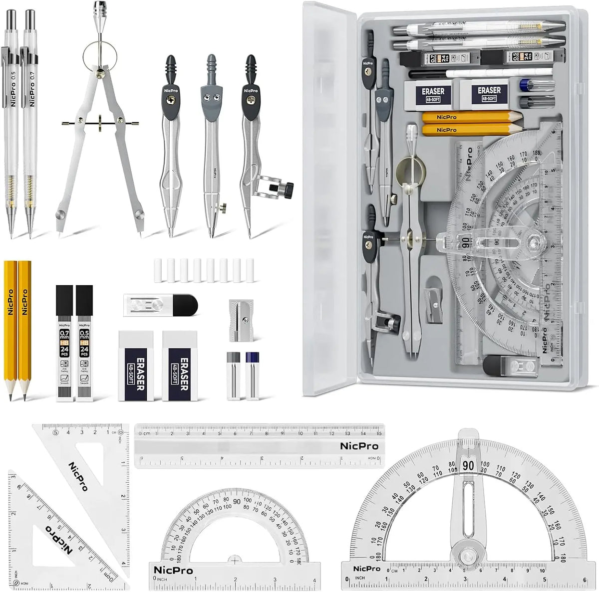 22 PCS Geometry Tool Set with Case, Office & School Drafting Supplies for Students - Includes Swing Arm Protractor, Rulers, Metal Compass, Square Set, Mechanical Pencil